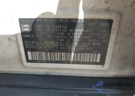 2013 Subaru Outback 2.5I Premium из США, поврежденный, VIN 4S4BRCHCXD3228974